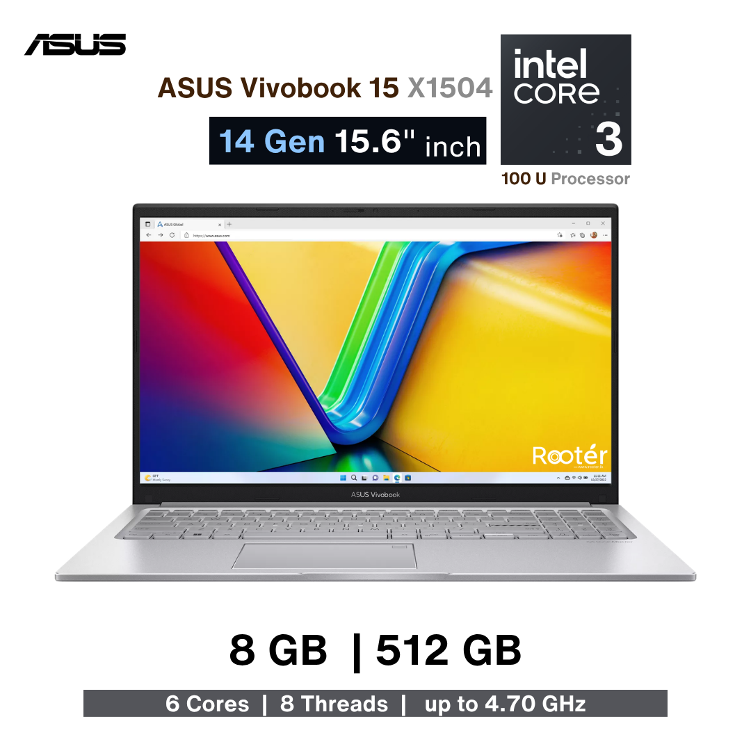 ASUS Vivobook 15 X1504 – Intel Core 3 100U (14th Gen) | 8GB RAM | 512GB NVMe SSD | 15.6" Full HD | Windows 11