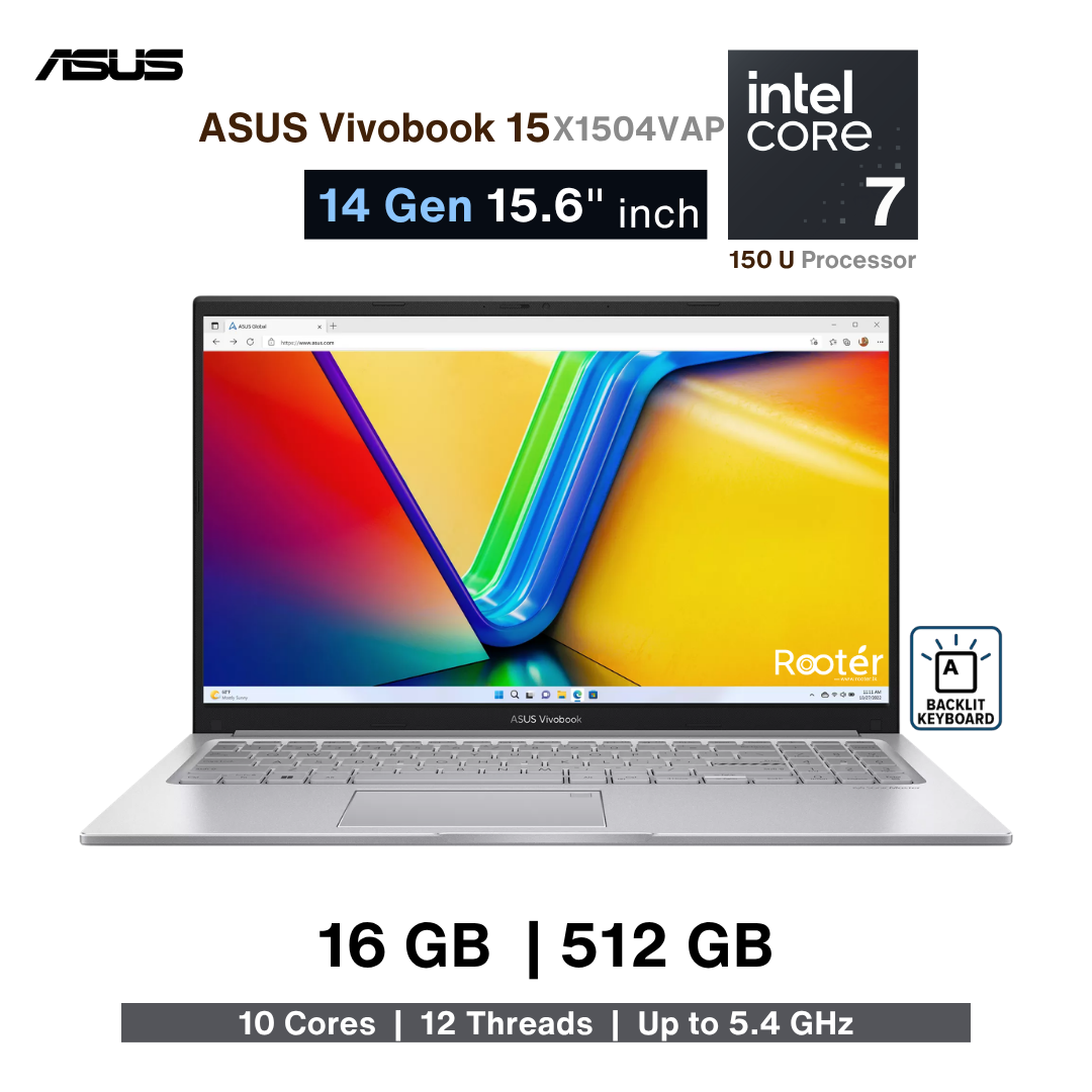 ASUS Vivobook 15 X1504VAP-BQ715WL – Intel Core 7 150U | 16GB RAM | 512GB NVMe SSD | 15.6" Full HD | Cool Silver | Backlit KB