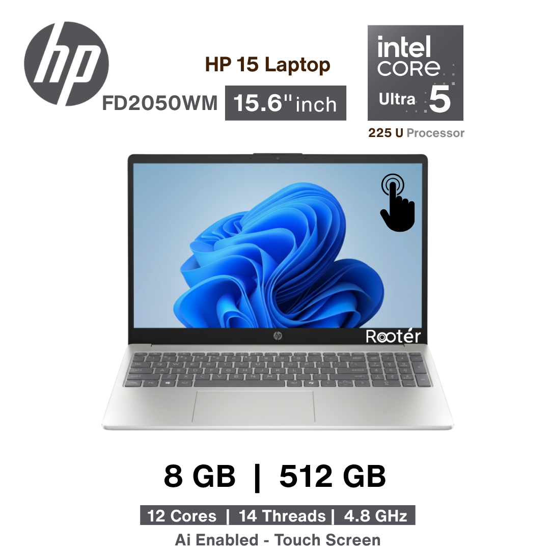 HP 15-FD2050WM Laptop – Intel Core Ultra 5 225U | 8GB RAM | 512GB SSD | 15.6" Full HD Touchscreen | Windows 11