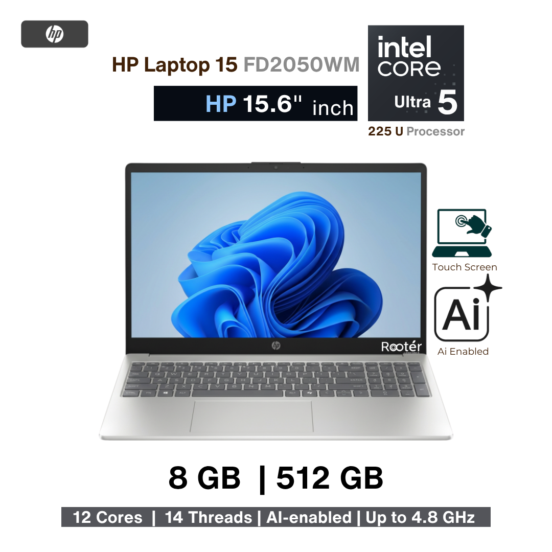 HP 15-FD2050WM Laptop – Intel Core Ultra 5 225U | 8GB RAM | 512GB SSD | 15.6" Full HD Touchscreen | Windows 11