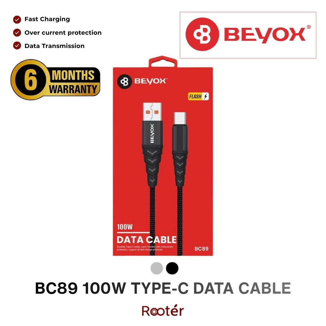 BEYOX BC89 100W USB-A to Type-C Fast Charging Data Cable | Nylon Braided | Overcurrent Protection