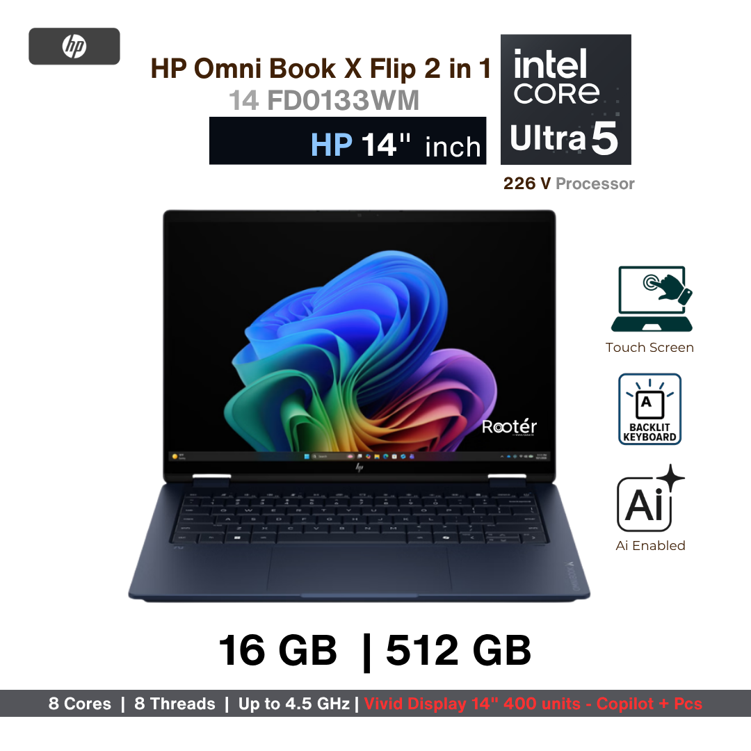 HP OmniBook X Flip 14-FM0013DX 2-in-1 Laptop – Intel Core Ultra 5 226V | 16GB RAM | 512GB SSD | 14″ Touchscreen | Atmospheric Blue