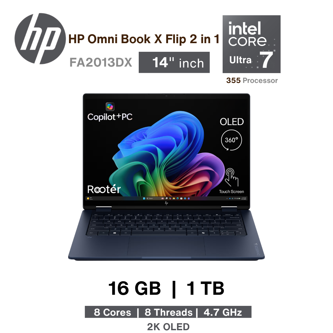 HP OmniBook X Flip 14-kb0023dx AI 2-in-1 – Core Ultra 7 355 | 16GB LPDDR5X | 1TB SSD | 14″ 2K OLED Touch