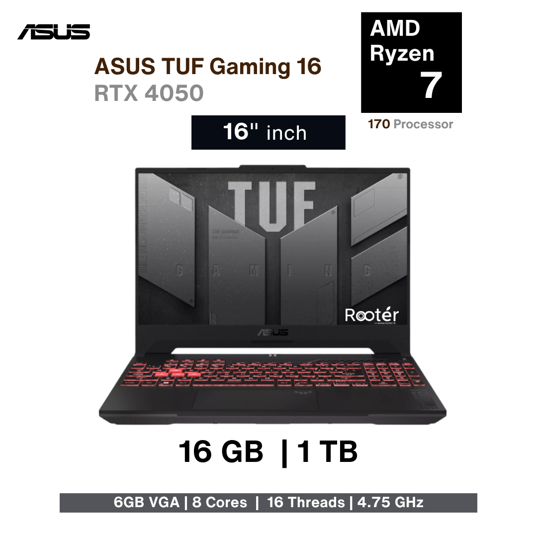 ASUS TUF Gaming A16 FA607NUQ-RL014W – Ryzen 7 170 | RTX 4050 6GB | 16GB DDR5 | 1TB SSD | 16″ 144Hz