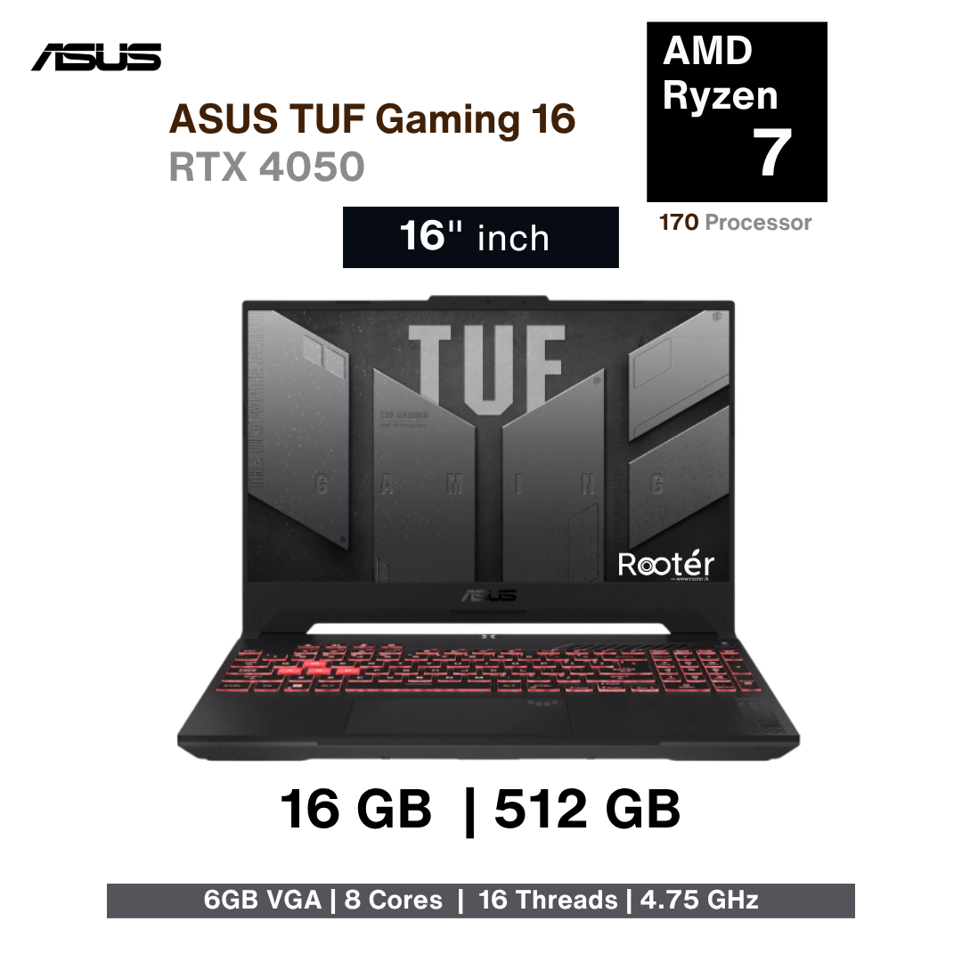 ASUS TUF Gaming A16 FA607 (2026) – AMD Ryzen 7 170 | RTX 4050 6GB | 16GB DDR5 | 512GB NVMe SSD | 16″ 144Hz FHD+