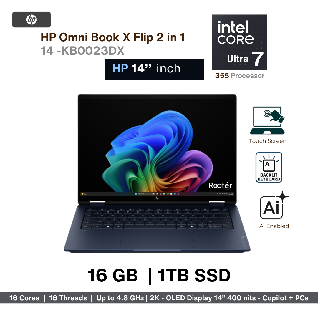 HP OmniBook X Flip 14-kb0023dx AI 2-in-1 – Core Ultra 7 355 | 16GB LPDDR5X | 1TB SSD | 14″ 2K OLED Touch
