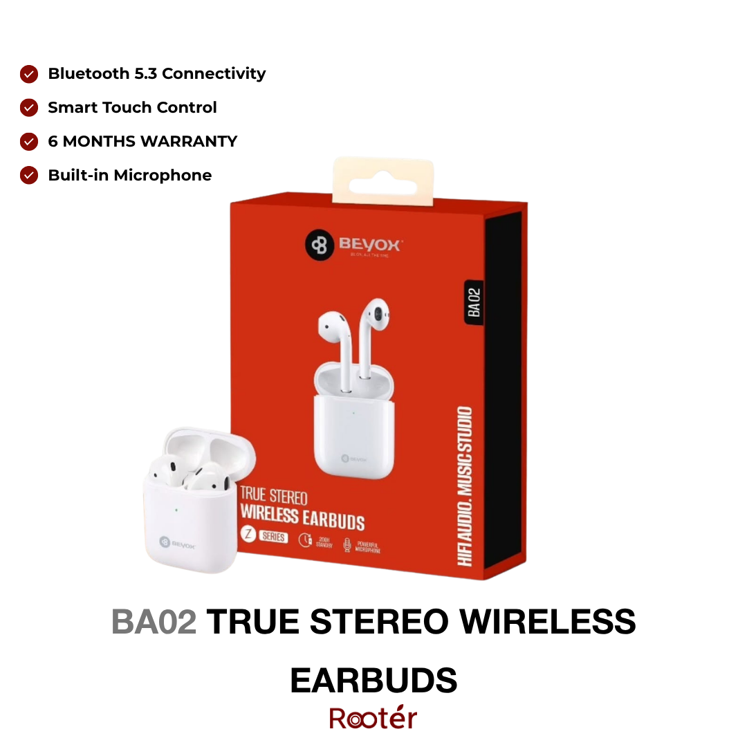 Beyox BA02 True Wireless Earbuds – Bluetooth 5.3, Touch Control & Built-in Microphone, White
