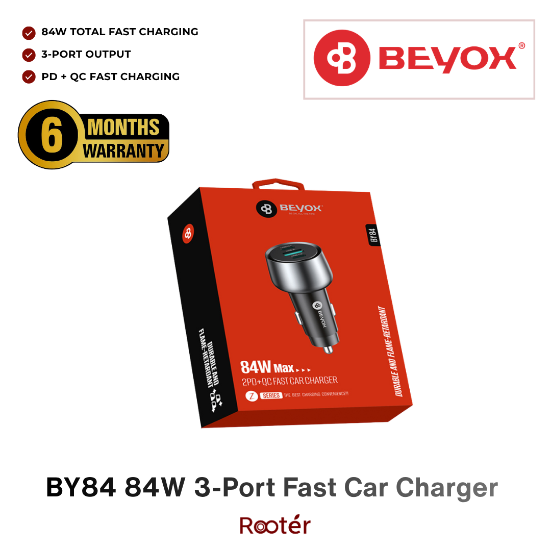 Beyox BY84 84W 3-Port Fast Car Charger – Dual USB-C + USB-A